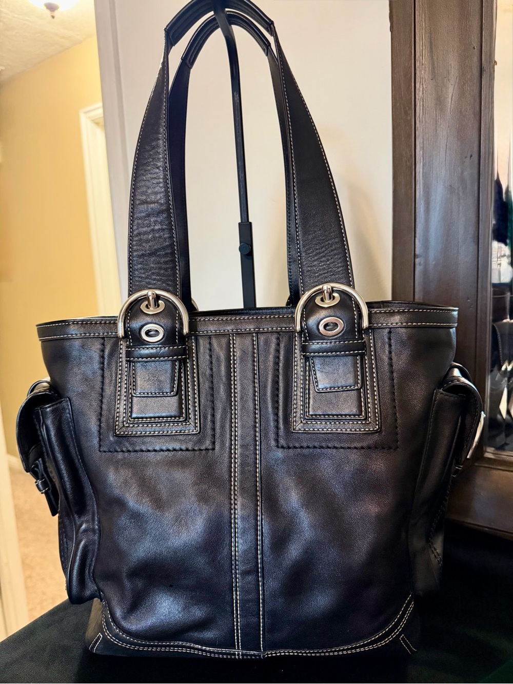 Coach Black Leather Buckle-Accent Shoulder Tote